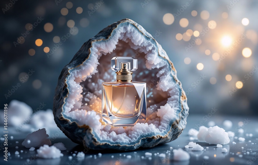 Poster a perfume bottle sits nestled within a geode, bathed in soft, warm light against a dark background w
