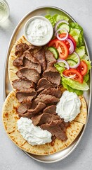 A platter of sliced gyros meat (beef/lamb) with pita, tzatziki, and fresh veggies. Mediterranean style, vibrant colors, overhead shot.