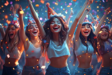 Obraz premium Women celebrating birthday party, confetti, joy