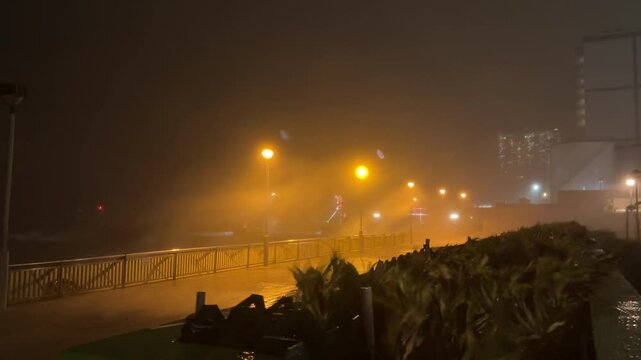 Powerful Winds Spray And Waves Lash City As Hurricane Hits At Night - Saola