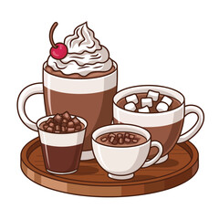 Assorted Hot Chocolate Drinks on Wooden Tray