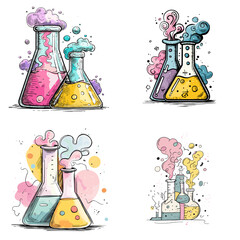 Colorful watercolor illustration of bubbling lab flasks with smoke and foam, representing fun chemistry experiments in a lively science classroom.


