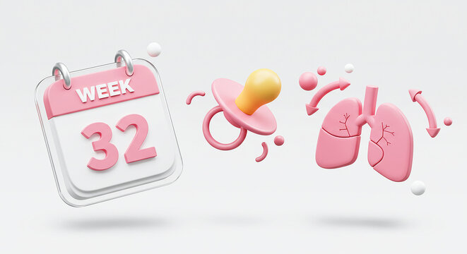 Calendar, pacifier and lungs showing 32 weeks of pregnancy