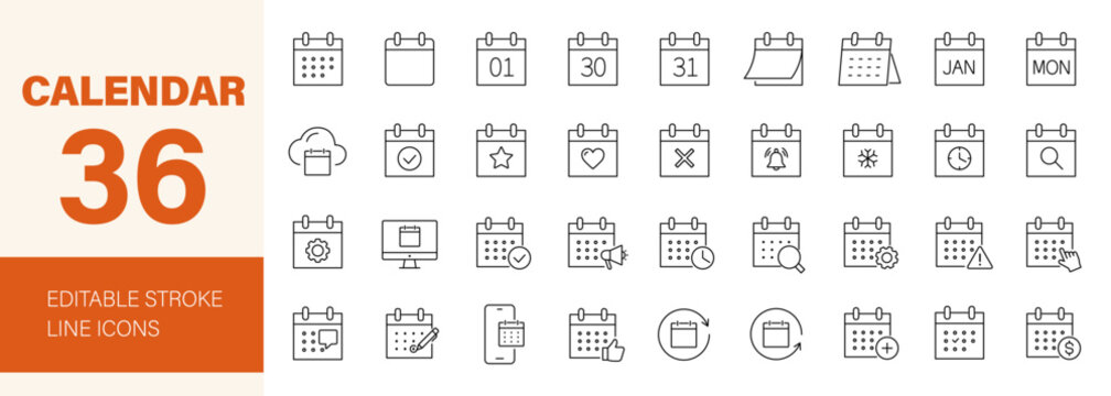 Calendar icon set. Containing date, schedule, month, week, appointment, event, time, planning, day, agenda, clock and more. Editable line icons. Vector illustration.