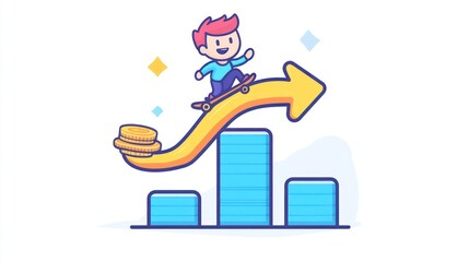 Cartoon boy skateboarding on a rising arrow graph with coins.  He's reaching new heights and financial success