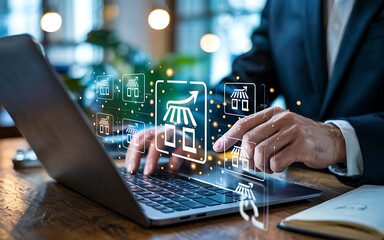 Businessman Using Laptop For Franchise Expansion And Business Growth Online With Hologram Icons And Bright Bokeh Lights In Corporate Setting