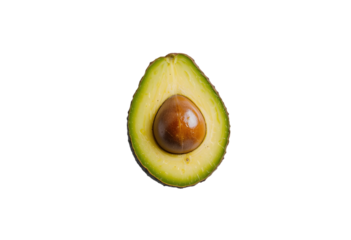 half avocado isolated on white or transparent png,Fresh Halved Avocado with Smooth Green Flesh and Brown Pit Isolated on White Background for Healthy Eating and Recipe Illustrations, High-Quality Imag