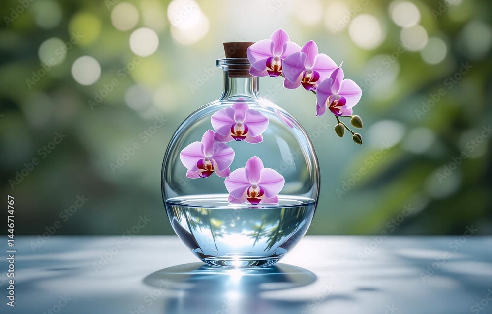 Poster a round glass bottle, filled with clear liquid and adorned with delicate pink orchids, sits on a tab