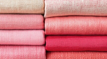 Stacked vibrant textiles in various shades of pink and peach.