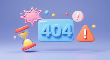 404 error website page not found with hourglass and warning signs