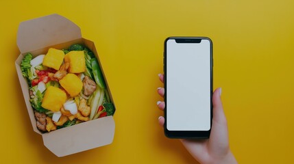 Mockup of a mobile food business social media promotion post, square Instagram layout, blank placeholders for text and food images, minimal clean layout, white and yellow color scheme