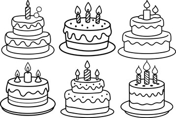 Set of birthday cake outline vector illustration line art coloring book page