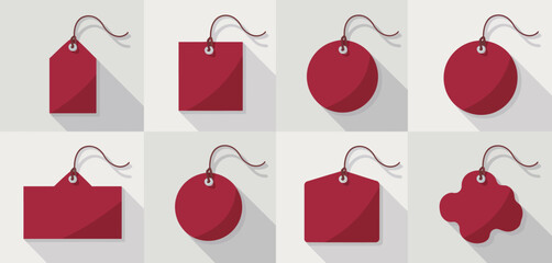 Set of Six Red Price Tags with Strings and Shadows