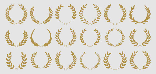 Collection of Golden Laurel Wreaths and Branches Design Elements