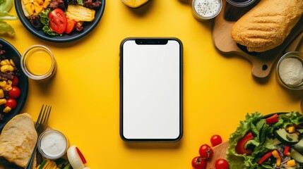 Mockup of a mobile food business social media promotion post, square Instagram layout, blank placeholders for text and food images, minimal clean layout, white and yellow color scheme