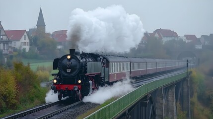 Naklejka premium Steam train crossing bridge cloudy day