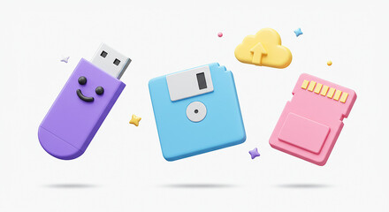 Obraz premium 3d rendering of data storage evolution from floppy disk and memory card to cloud storage