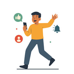 Happy Man Person Cartoon Character Holding Gadget in Social Media Digital World