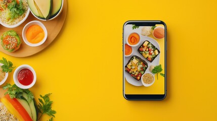 Mockup of a mobile food business social media promotion post, square Instagram layout, blank placeholders for text and food images, minimal clean layout, white and yellow color scheme