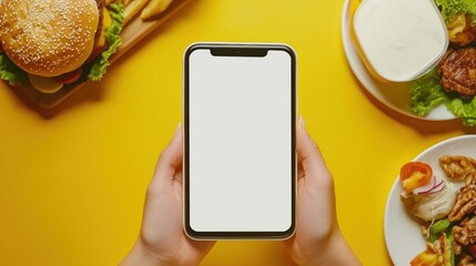 Mockup of a mobile food business social media promotion post, square Instagram layout, blank placeholders for text and food images, minimal clean layout, white and yellow color scheme