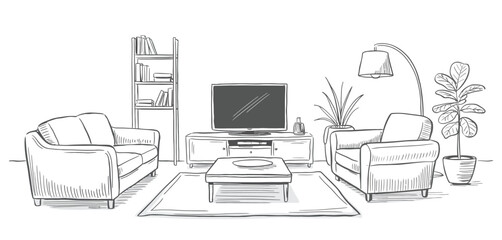 Hand Drawn Sketch of a Cozy Living Room Interior