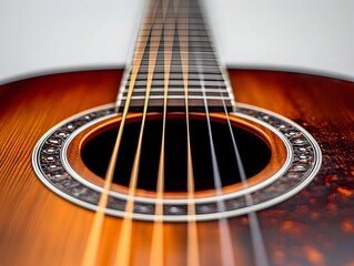 Obraz premium A close-up detailed shot reveals a vibrant acoustic guitar showcasing its rich wood grain and meticulously crafted details in focus.
