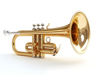 Fototapeta premium A gleaming gold trumpet rests on a pristine white background, ready for a musical performance or studio recording.