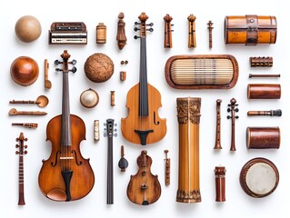 Naklejka premium A collection of antique and vintage sted and percussion musical instruments arranged on a white background for a still life composition.