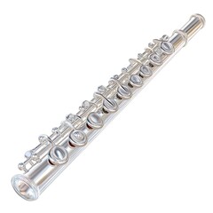 Fototapeta premium A gleaming silver flute rests on a clean white background ready for a musical performance or studio recording session.