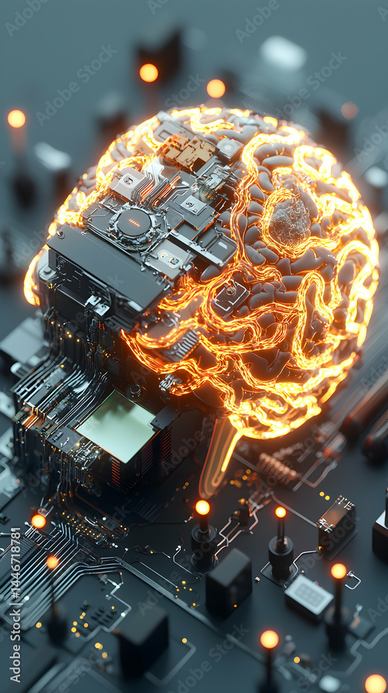 Poster an ai brain rendered as a circuit board. depicts advanced technology and artificial intelligence con