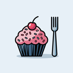 Pink Cupcake with Sprinkles and Cherry Topped with Fork