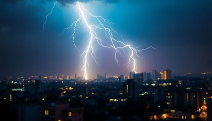 lightning bolt hitting over a city at night