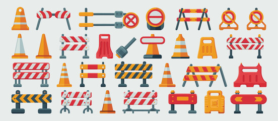 Collection of Road Construction Icons and Safety Barriers