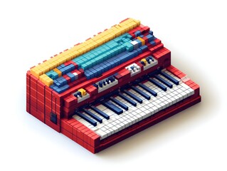 A vibrant low-poly illustration of a vintage electronic organ keyboard instrument in red yellow blue and white colors.