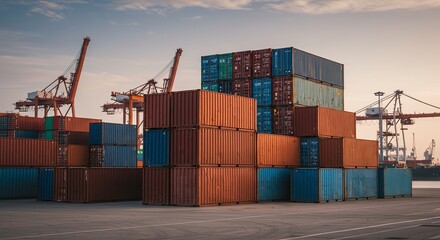 Fototapeta premium Stacked Cargo Containers: A Serene Harbor Sunset