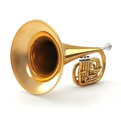 Naklejka premium A gleaming golden alto horn rests on a pristine white background showcasing its intricate valve system and beautiful bell.