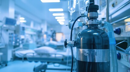 Close-up of an oxygen tank and mask in a hospital ward, detailed shot, in an emergency setting, sharp composition, with cool blue lighting