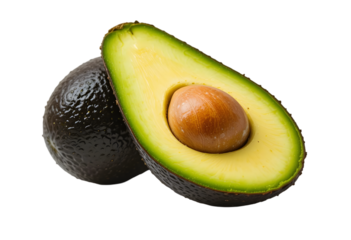 half avocado isolated on white or transparent png,Fresh Halved Avocado with Smooth Green Flesh and Brown Pit Isolated on White Background for Healthy Eating and Recipe Illustrations, High-Quality Imag