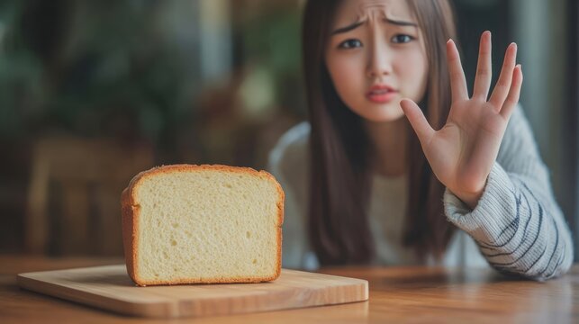 Gluten avoidance portrayed by a concerned young woman declining slice of loaf