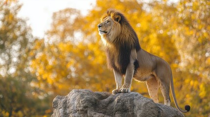 Majestic male lion perched on a rocky outcrop overlooking vibrant autumnal foliage embodying power...