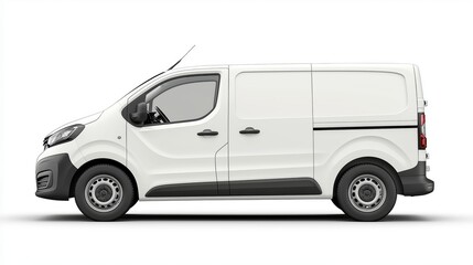 Photorealistic mockup of a commercial cargo white van, side view, isolated on a white background