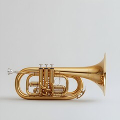 Fototapeta premium A gleaming gold flugelhorn rests elegantly on a plain white background showcasing its intricate valve system and bell.