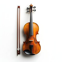 Fototapeta premium A classic violin and bow rest elegantly on a pristine white background, perfect for musical projects and artistic designs.