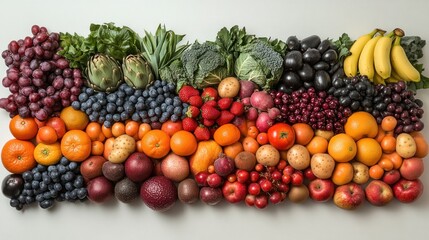 Assortment of colorful fresh fruits and vegetables arranged on a white surface.