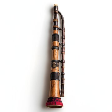 A detailed studio shot showcases an antique dulcian, a historical woodwind instrument with intricate details and a rich dark brown and light wood