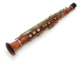 Naklejka premium A vintage wooden alto saxophone with brass keys rests on a clean white background showcasing intricate detail and craftsmanship.