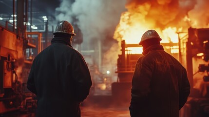 Steelworkers Observing Molten Metal in a Fiery Furnace