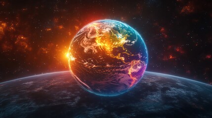 Obraz premium Colorful planet appears in space with stars and another planet below.