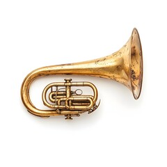 Obraz premium A vintage brass alto horn instrument rests on a white background showcasing its aged patina and intricate details.