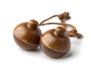Two handcrafted wooden spheres with twine, perfect for car air freshener or decorative accents, showcasing rich wood grain and natural tones.